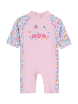 JoJo Maman Bébé Kids' Strawberry Floral Sunpro Swimsuit, Pink Floral, Pink Floral