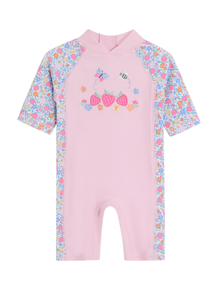 JoJo Maman Bébé Kids' Strawberry Floral Sunpro Swimsuit, Pink Floral, Pink Floral