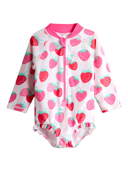 JoJo Maman Bébé Kids' Long Sleeve Strawberry Print Swimsuit, Bright Pink, Bright Pink