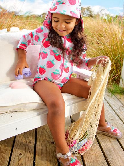 JoJo Maman Bébé Kids' Long Sleeve Strawberry Print Swimsuit, Bright Pink - view 2, Bright Pink