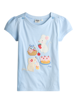 JoJo Maman Bébé Kids' Cotton Appliqué Mouse Picnic T-Shirt, Blue/Multi, Blue/Multi