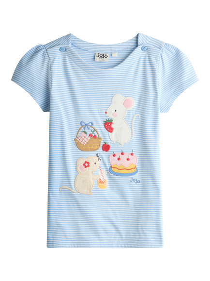 JoJo Maman Bébé Kids' Cotton Appliqué Mouse Picnic T-Shirt, Blue/Multi, Blue/Multi
