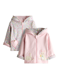 JoJo Maman Bébé Kids' Bunny Appliqué & Ditsy Print Reversible Hoodie, Light Pink, Light Pink
