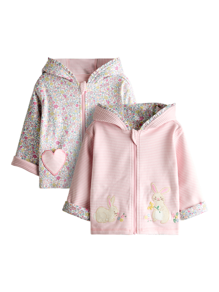 JoJo Maman Bébé Kids' Bunny Appliqué & Ditsy Print Reversible Hoodie, Light Pink, Light Pink