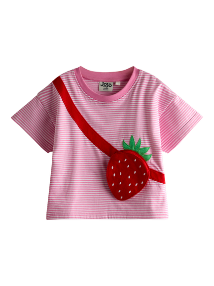 JoJo Maman Bébé Kids' Strawberry Bag Appliqué T- Shirt, Mid Pink, Mid Pink
