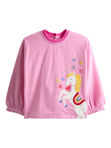JoJo Maman Bébé Kids' Unicorn Appliqué Stripe Top, Mid Pink, Mid Pink