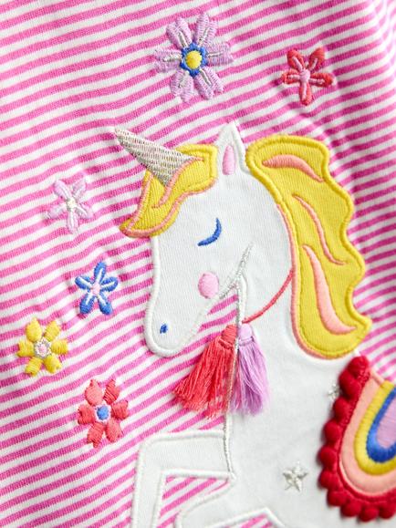 JoJo Maman Bébé Kids' Unicorn Appliqué Stripe Top, Mid Pink - view 2, Mid Pink