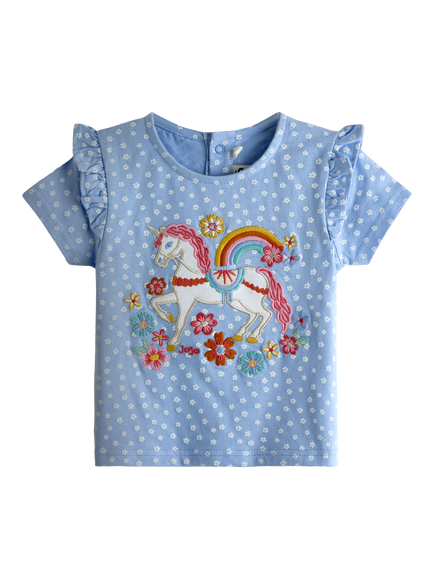 JoJo Maman Bébé Kids' Unicorn Appliqué Frill Sleeve T-Shirt, Light Blue, Light Blue