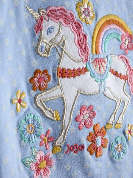 JoJo Maman Bébé Kids' Unicorn Appliqué Frill Sleeve T-Shirt, Light Blue - view 2, Light Blue