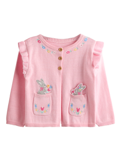 JoJo Maman Bébé Baby Cotton Bunny Pet-in--Pocket Cardigan, Light Pink, Light Pink