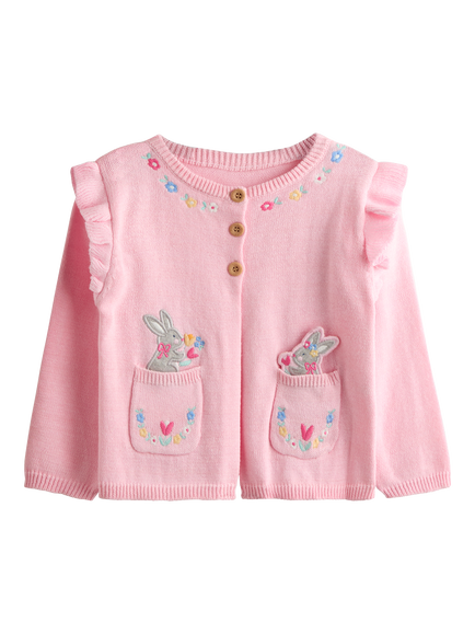 JoJo Maman Bébé Baby Cotton Bunny Pet-in--Pocket Cardigan, Light Pink, Light Pink