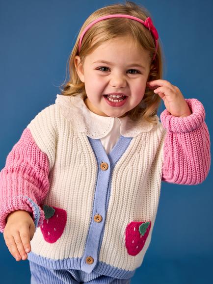 JoJo Maman Bébé Kids' Cotton Crochet Strawberry Cardigan, Bright Pink - view 2, Bright Pink
