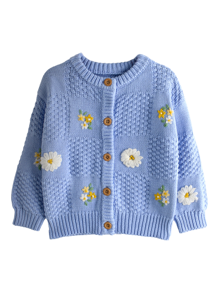 JoJo Maman Bébé Kids' Cotton Daisy Embroidered Cardigan, Mid Blue, Mid Blue