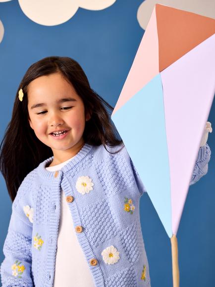 JoJo Maman Bébé Kids' Cotton Daisy Embroidered Cardigan, Mid Blue - view 2, Mid Blue