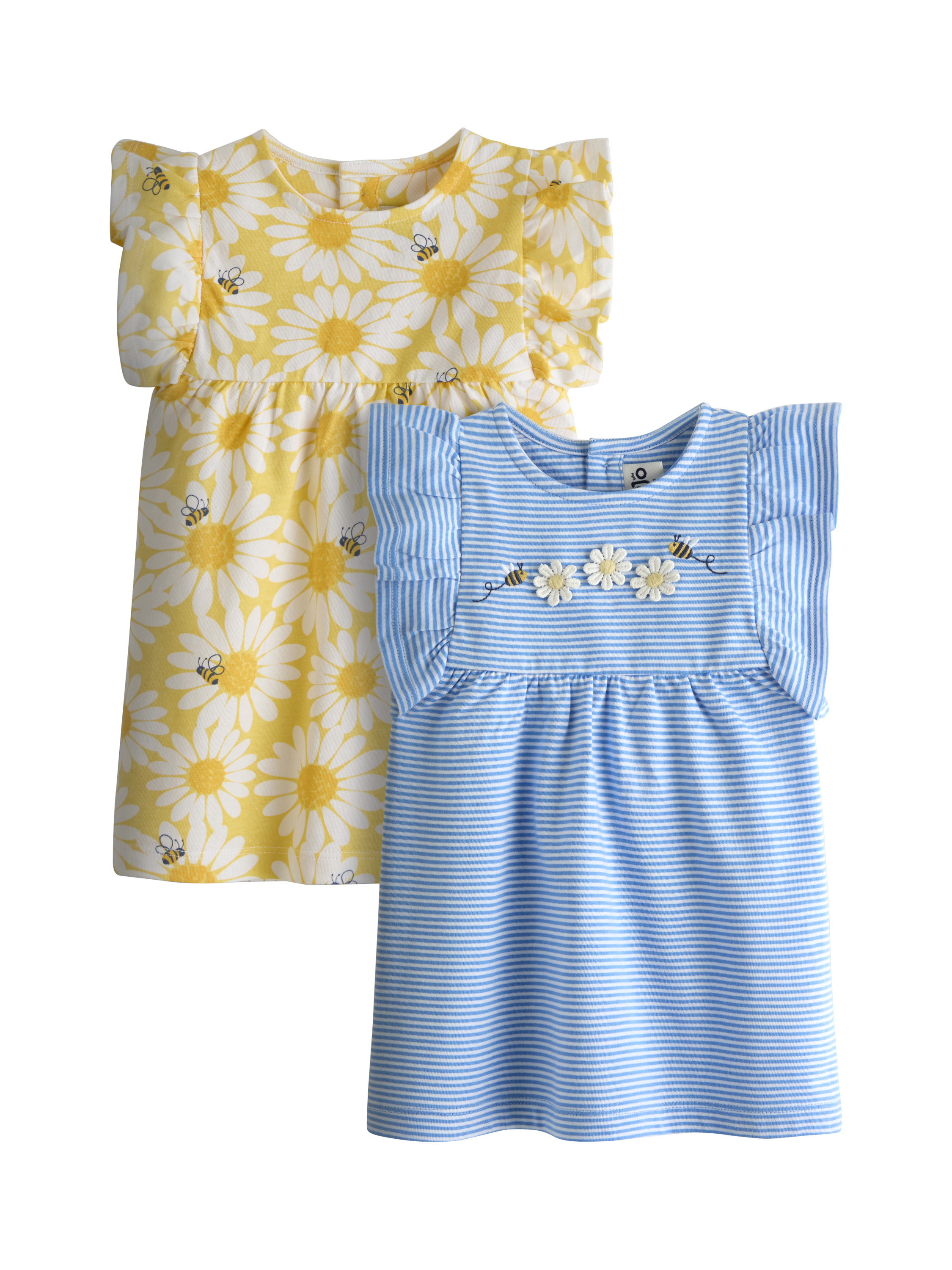 JoJo Maman Bébé Kids' Frill Sleeve T-Shirt, Pack of 2, Light Yellow/Blue