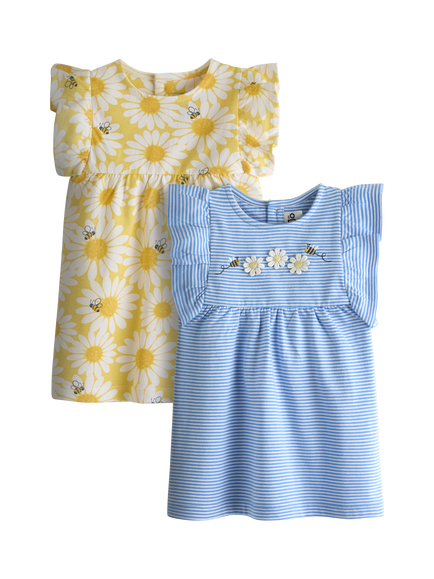 JoJo Maman Bébé Kids' Frill Sleeve T-Shirt, Pack of 2, Light Yellow/Blue, Light Yellow/Blue