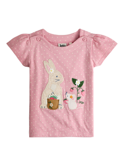 JoJo Maman Bébé Kids' Cotton Bunny & Mouse Appliqué T-Shirt, Light Pink, Light Pink