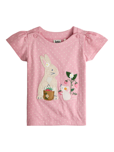 JoJo Maman Bébé Kids' Cotton Bunny & Mouse Appliqué T-Shirt, Light Pink, Light Pink