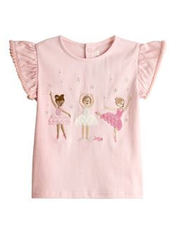 JoJo Maman Bébé Kids' Appliqué Frill Shoulder T-Shirt, Light Pink, Light Pink