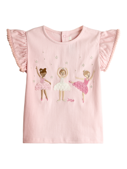 JoJo Maman Bébé Kids' Appliqué Frill Shoulder T-Shirt, Light Pink, Light Pink
