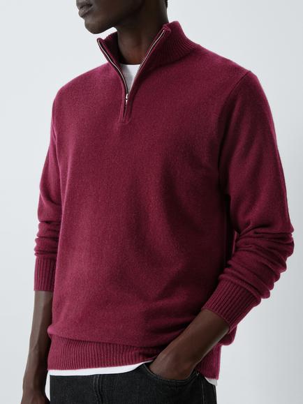 John Lewis Zip Neck Cashmere Jumper, Burgundy