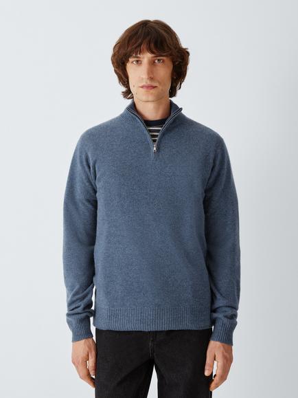 John Lewis Cashmere Quarter-Zip Jumper, Mid Blue Melange, Mid Blue Melange