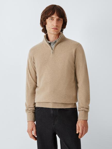 John Lewis Zip Neck Cashmere Jumper, Oatmeal