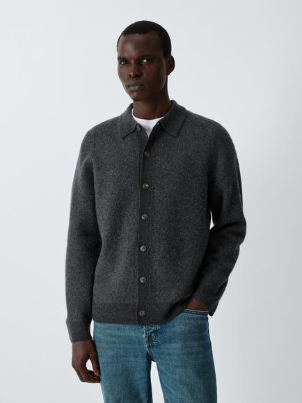 John Lewis Button Through Merino Wool Cashmere Blend Jumper, Charcoal, Charcoal
