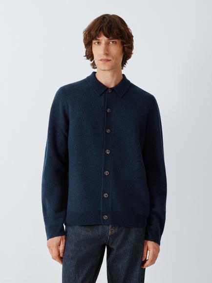 John Lewis Button Through Merino Wool Cashmere Blend Jumper, Navy, Navy