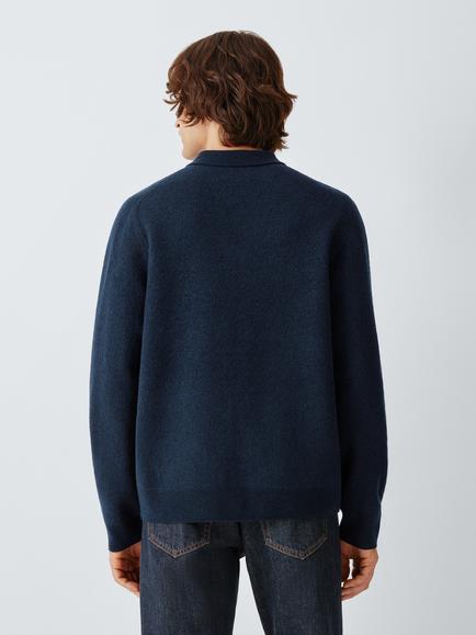 John Lewis Button Through Merino Wool Cashmere Blend Jumper, Navy - view 2, Navy