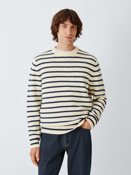 John Lewis Crew Neck Stripe Merino Wool Cashmere Blend Jumper, Ecru/Navy, Ecru/Navy