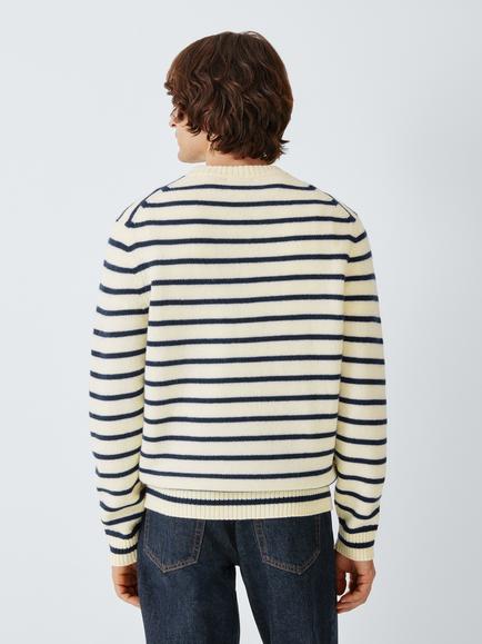 John Lewis Crew Neck Stripe Merino Wool Cashmere Blend Jumper, Ecru/Navy - view 2, Ecru/Navy