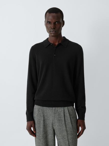 John Lewis Long Sleeve Cashmere Polo Shirt, Black, Black