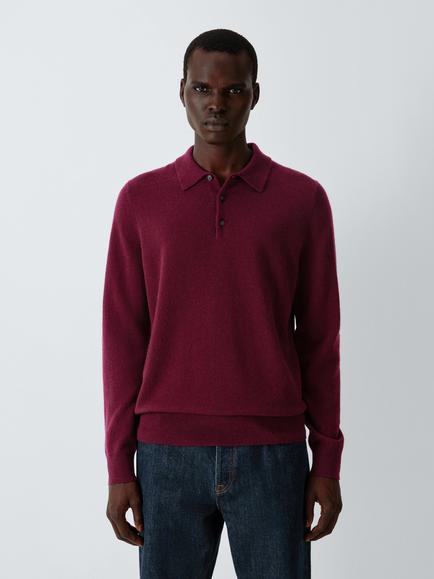 John Lewis Long Sleeve Cashmere Polo Shirt, Burgundy, Burgundy