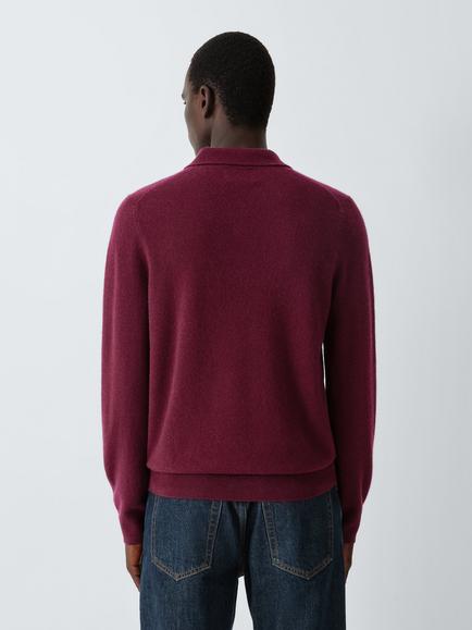 John Lewis Long Sleeve Cashmere Polo Shirt, Burgundy - view 2, Burgundy