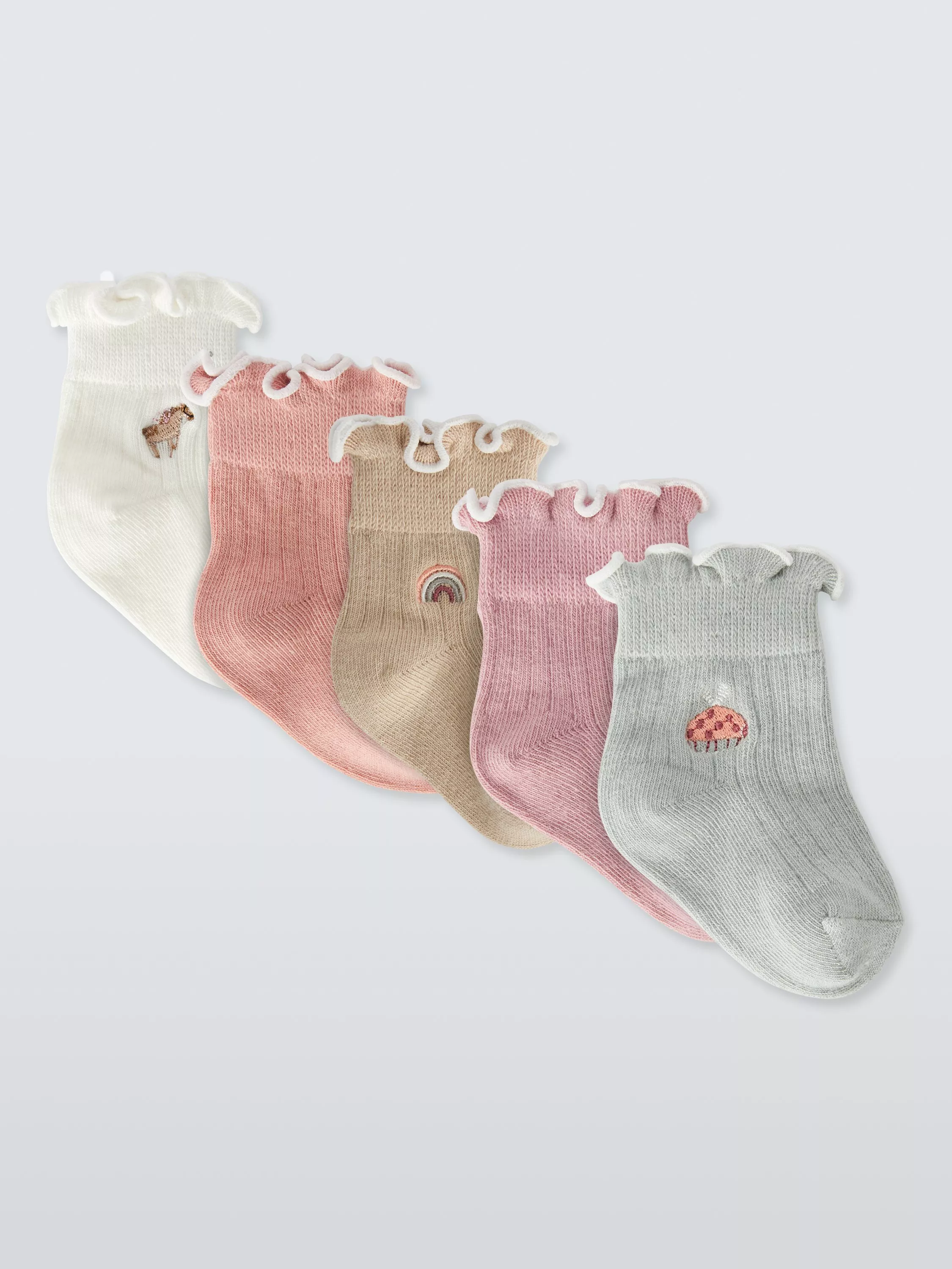 Pack of five girls’ pastel ankle socks with frilled cuffs and embroidered animal and rainbow motifs on grey background