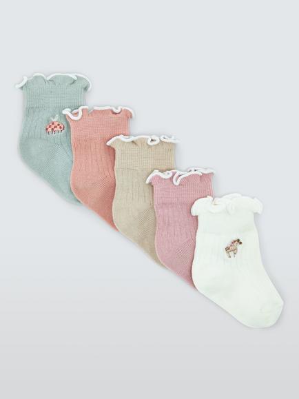 John Lewis Baby Organic Cotton Rich Embroidered Unicorn Ankle Socks, Pack of 5, Multi, Multi