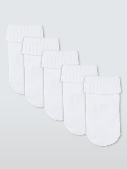 John Lewis Baby Organic Cotton Rich Ribbed Roll Top Socks, Pack of 5, White, White
