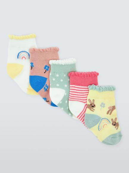 John Lewis Baby Organic Cotton Rich Rabbit Ankle Sock, Pack of 5, Multi, Multi