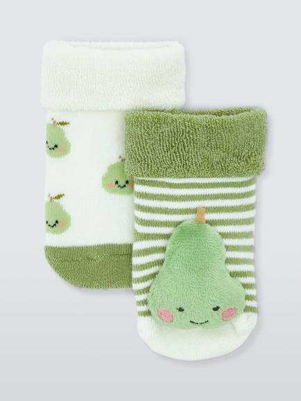 John Lewis Baby Organic Cotton Rich Pear Rattle Ankle Sock, Pack of 2, Multi, Multi