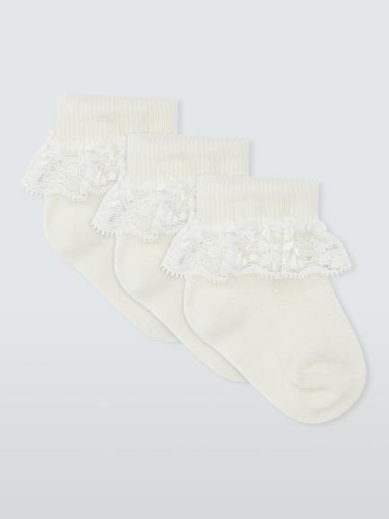 John Lewis Baby Organic Cotton Rich Lace Frill Socks, Pack of 3, Cream