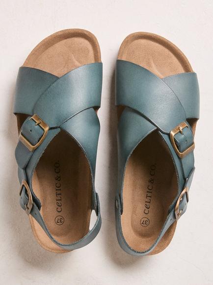 Celtic & Co. Suede Cross Over Buckle Footbed Sandals, Dark Teal - view 2, Dark Teal