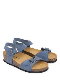 Celtic & Co. Leather Low Wedge Double Buckle Sandals, Cobalt - view 2, Cobalt