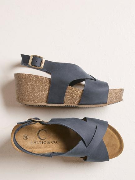 Celtic & Co. Nubuck Cross Over Detail Wedge Sandals, Dark Navy - view 2, Dark Navy