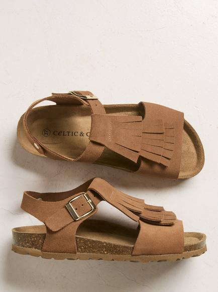 Celtic & Co. Suede Fringed Footbed Sandals, Tan - view 2, Tan