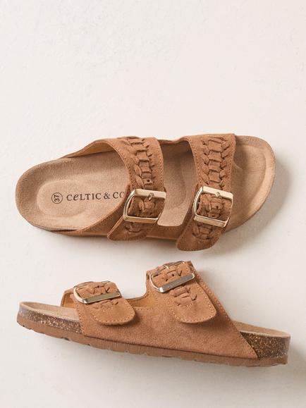 Celtic & Co. Suede Double Strap Open Toe Sandals, Tan - view 2, Tan