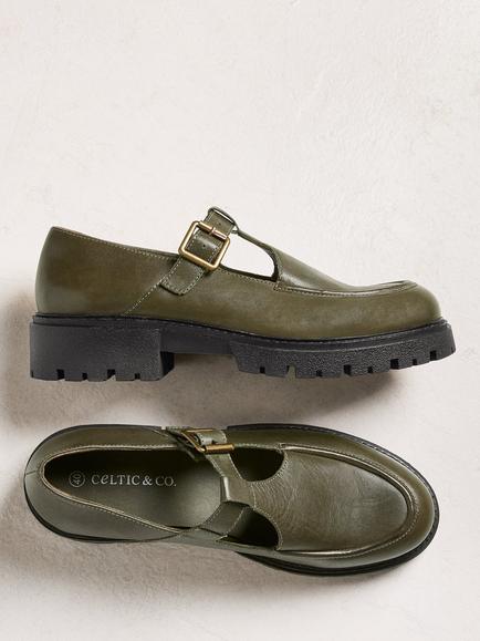 Celtic & Co. Leather Chunky T-Bar Loafers, Olive - view 2, Olive