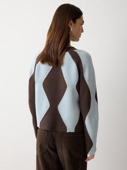 Jigsaw Argyle Diamond Wool Rich Jumper, Brown - view 2, Brown