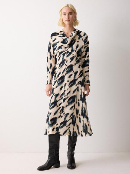 Jigsaw Ikat Cowl Neck Godet Dress, Cream/Multi, Cream/Multi