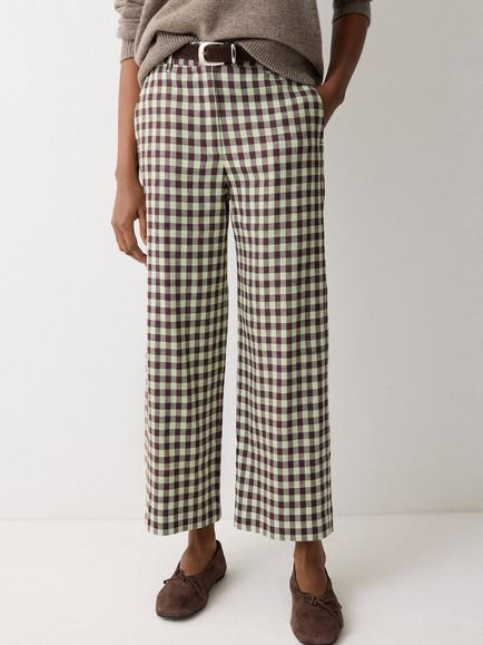 Jigsaw Gingham Linen Blend Trousers, Green